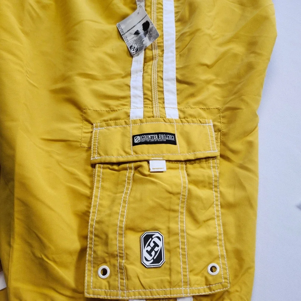 Counter Culture Mens 2XL Cargo Swim Trunks‎ Y2K Yellow Board Shorts NWT